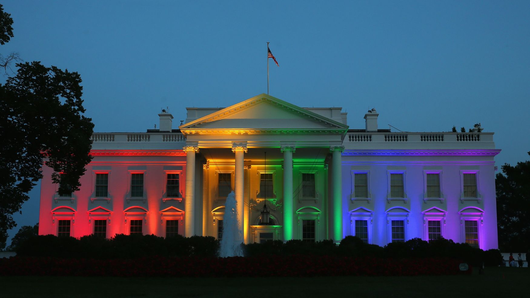 Rainbow-coloured lights shine on the White House to celebrate today&#039;s US Supreme Court ruling in favor of same-sex marriage, Washington, DC, June 26, 2015. Today the high court ruled 5-4 that the Constitution guarantees a right to same-sex marriage in all 50 states. (Photo by Mark Wilson/Getty Images)