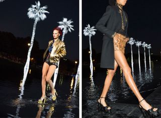 Models wear gold metallic jacket and shoes, leather shorts and silk blouse, black jacket, snake print shorts with black shirt and heels