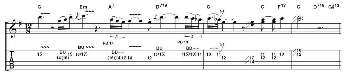 Example 4: string bends and doublestops. Pay meticulous attention to pitching on string bends and don't neglect the quarter tone ones. Details like this are where that elusive authentic sound comes from. Also, note the melodic doublestops at the end. Theyre not technically difficult, but would you have thought of trying them?