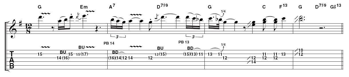 Example 4: string bends and doublestops. Pay meticulous attention to pitching on string bends and don't neglect the quarter tone ones. Details like this are where that elusive authentic sound comes from. Also, note the melodic doublestops at the end. Theyre not technically difficult, but would you have thought of trying them?
