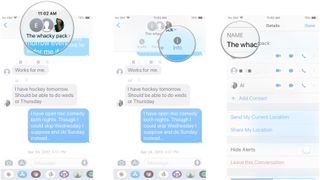 Renaming a group chat in iMessage: Tap the contacts at the top, tap info, tap name, add a name, tap Done