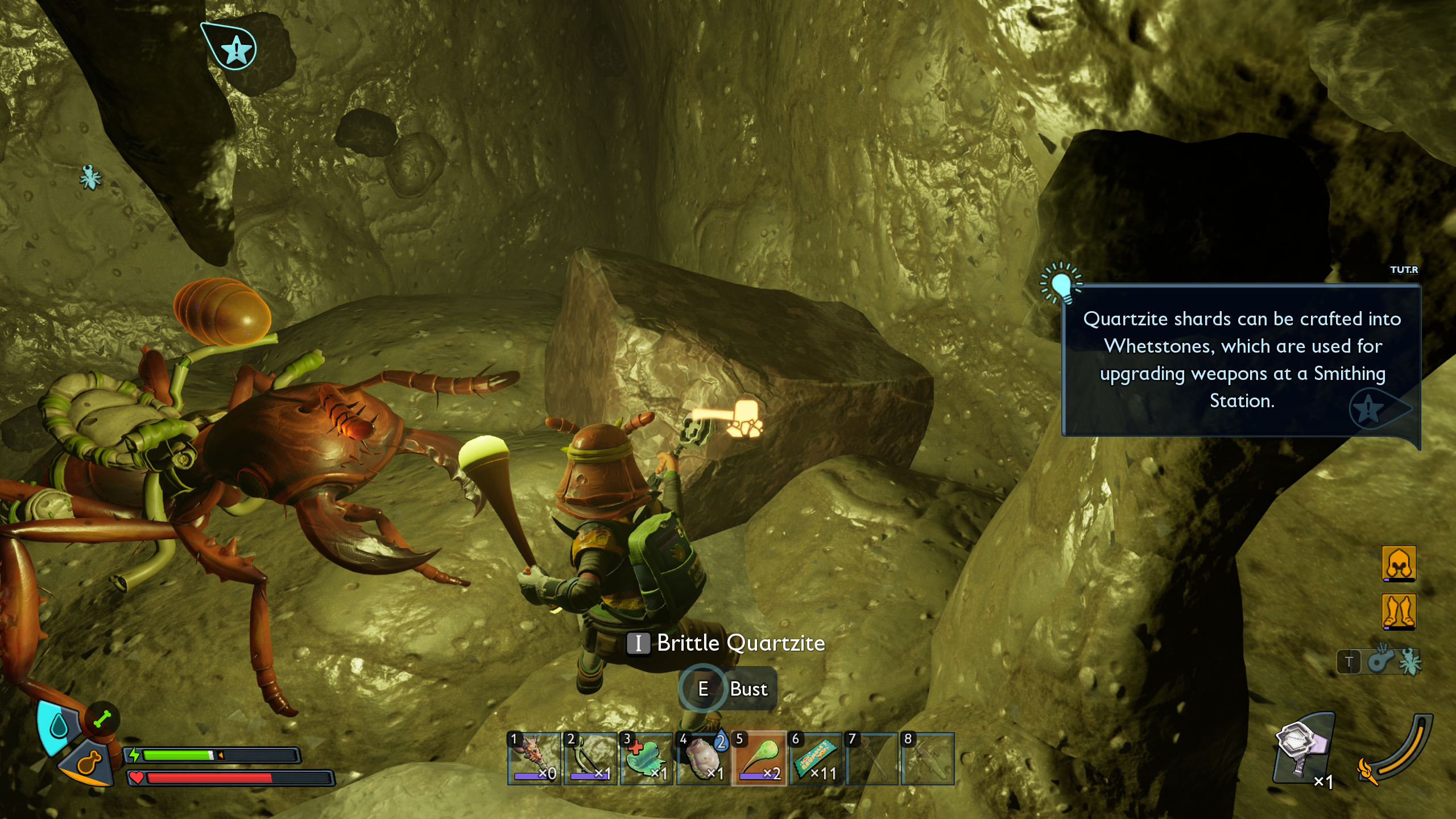 Grounded 2 brittle whetstones plating: Whacking a brittle quartzite deposit inside a cave with a hammer.