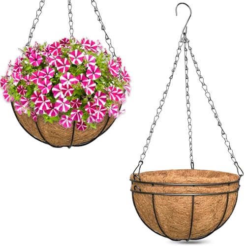 Zeedix 3 Pack 10 Inch Metal Round Hanging Planter Basket With Coconut Liners Replacement, Hanging Planters Baskets With Natural Coco Liner for Outdoor Indoor Planters Flowers Vegetables