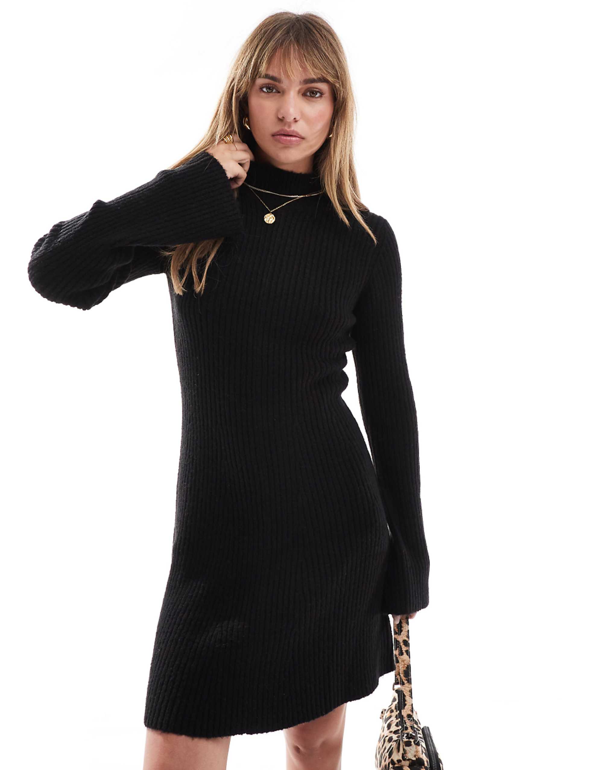 Miss Selfridge Funnel Neck Knit Swing Mini Dress in Black