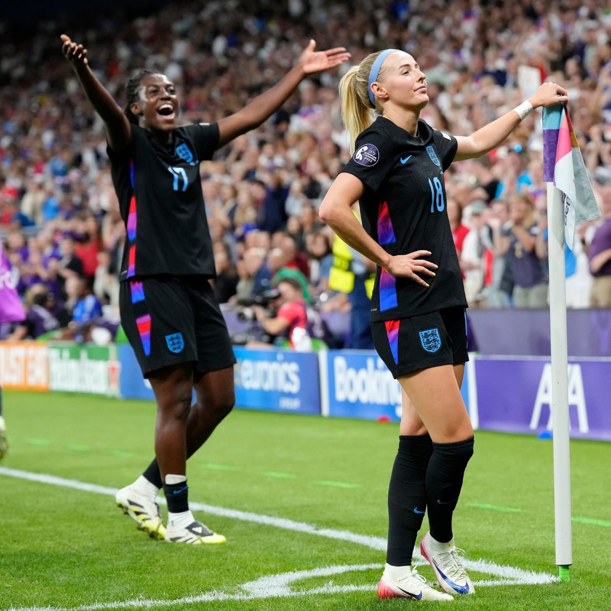 Chloe Kelly forward of England and Arsenal FC celebrates after scoring her sides first goal during the UEFA Womens EURO 2025 Semi-Final match between England and Italy at Stade de Geneve on July 22, 2025 in Geneva, Switzerland. (Photo by Jose Breton/Pics Action/NurPhoto via Getty Images)