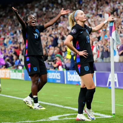 Chloe Kelly forward of England and Arsenal FC celebrates after scoring her sides first goal during the UEFA Womens EURO 2025 Semi-Final match between England and Italy at Stade de Geneve on July 22, 2025 in Geneva, Switzerland. (Photo by Jose Breton/Pics Action/NurPhoto via Getty Images)