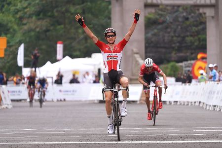 Tim Wellens celebrates his victory