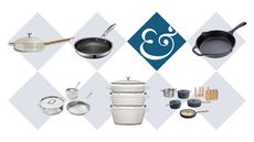 A selection of the best non-toxic cookware on a diamond background
