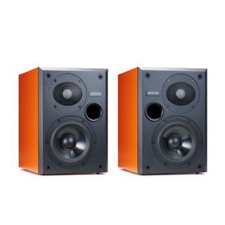 Epos ES-7N speakers in orange finish against white background