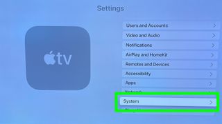 tvOS update process at the Settings page with System highlighted