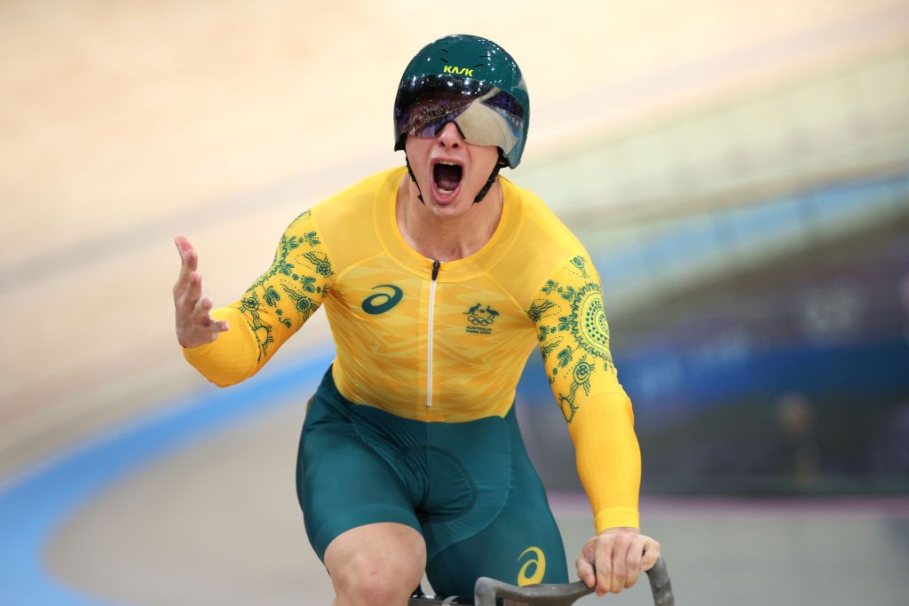 PARIS FRANCE AUGUST 09 Sprint winner Matthew Richardson of Team Australia celebrates after the Mens Sprint Semifinals Race 2 on day fourteen of the Olympic Games Paris 2024 at SaintQuentinenYvelines Velodrome on August 09 2024 in Paris France Photo by Jared C TiltonGetty Images