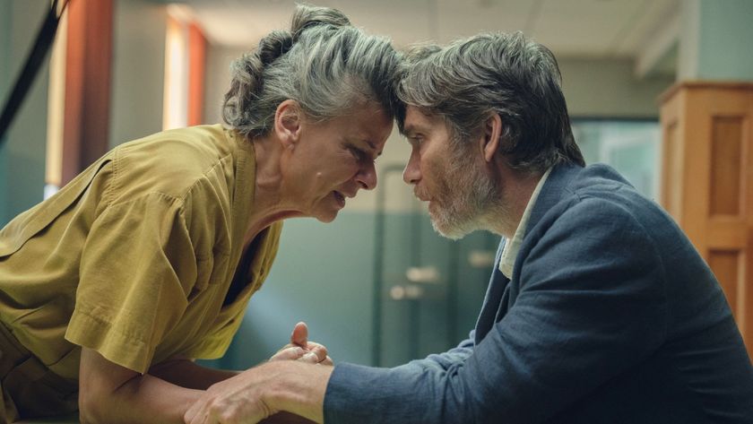 (L to R) Tracey Ullman as Amanda putting her forhead against Cillian Murphy as Steve.