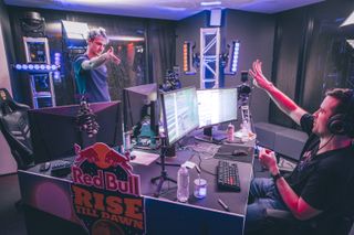 Ninja and DrLupo keep the crowd entertained at the Redbull Rise Till Dawn event.