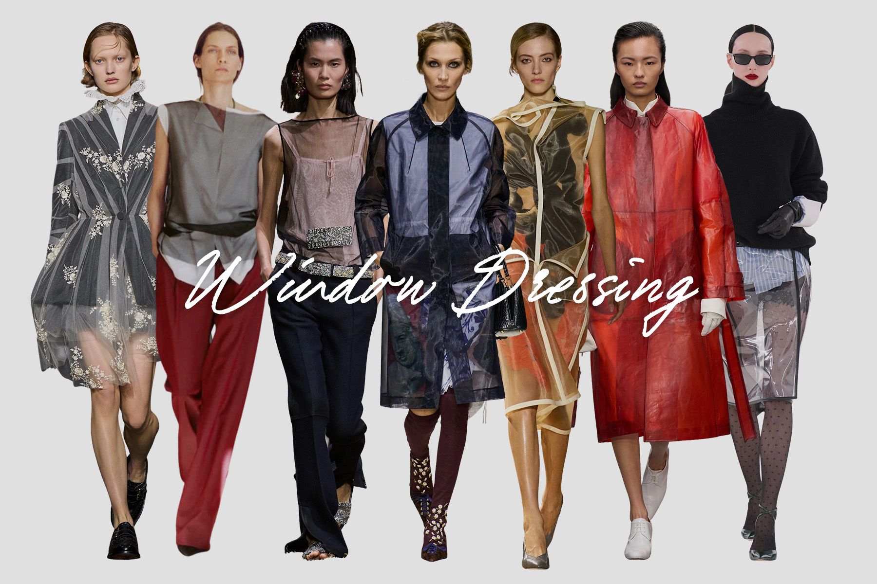 A collage spotlighting the fall/winter 2026 runway trend Window Dressing, featuring images from Calvin Klein, Erdem, Miu Miu, Prada, The Row, Tom Ford, and Victoria Beckham.