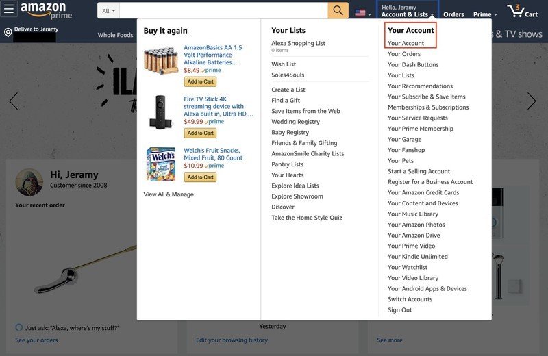 Amazon account drop-down menu