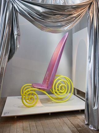 Pink and yellow chair, part of Gubi exhibition in Milan