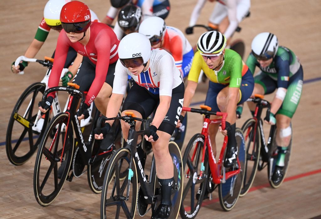USAs Jennifer Valente C competes in the womens track cycling omnium elimination race during the Tokyo 2020 Olympic Games at Izu Velodrome in Izu Japan on August 8 2021 Photo by Peter PARKS AFP Photo by PETER PARKSAFP via Getty Images