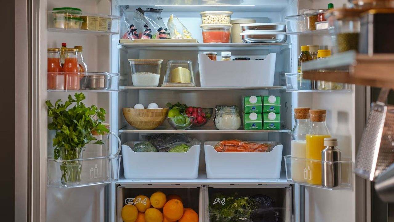 an open fridge with organizers inside 