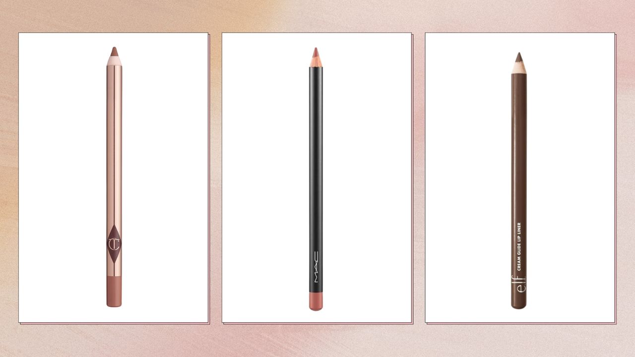 A selection of the best lip liners from Charlotte Tilbury, MAC and e.l.f. in an orange to pink gradient, three-picture template