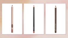 A selection of the best lip liners from Charlotte Tilbury, MAC and e.l.f. in an orange to pink gradient, three-picture template