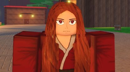 A red-haired woman with red eyes in the Roblox game Elementalism.