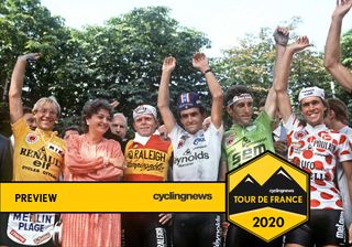 The 1983 Tour de France podium: Laurent Fignon in yellow, Sean Kelly in green 