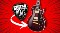 A Gibson Les Paul Custom 70s electric guitar on a red background, with the Guitar World deals of the week logo