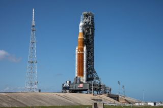 NASA’s Space Launch System (SLS) rocket is photographed at Launch Pad 39B at the agency’s Kennedy Space Center in Florida on March 18, 2022. 