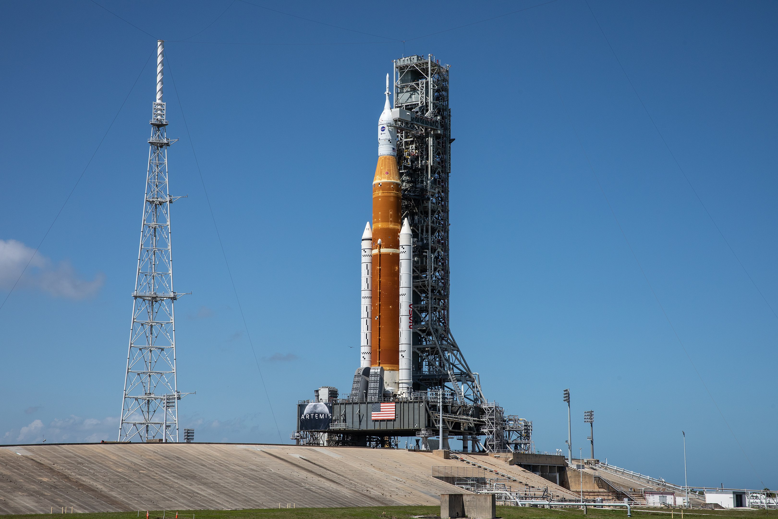 NASA's Space Launch System (SLS) rocket is photographed at Launch Pad 39B at the agency’s Kennedy Space Center in Florida on March 18, 2022.