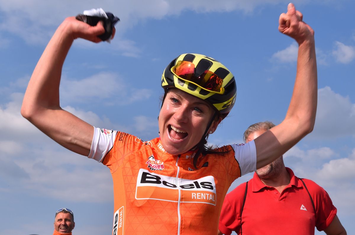 Yes! Annemiek van Vleuten (Orica Scott) celebrates victory