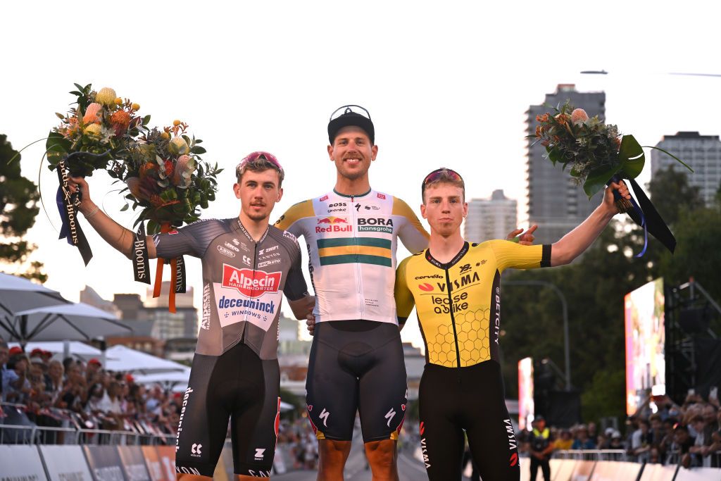 ADELAIDE AUSTRALIA JANUARY 18 LR Henri Uhlig of Germany and Team AlpecinDeceuninck on second place race winner Sam Welsford of Australia and Team Red Bull BORA hansgrohe and Matthew Brennan of The United Kingdom and Team Visma Lease A Bike on third place pose on the podium ceremony after the Villawood Mens Classic 2025 a 18km one day race circuit from Adelaide to Adelaide on January 18 2025 in Adelaide Australia Photo by Dario BelingheriGetty Images