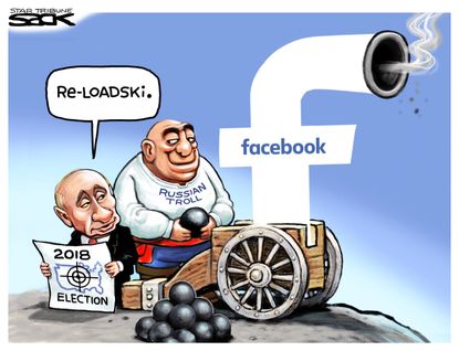 Political cartoon U.S. Putin Facebook Russian trolls 2018 midterm election meddling