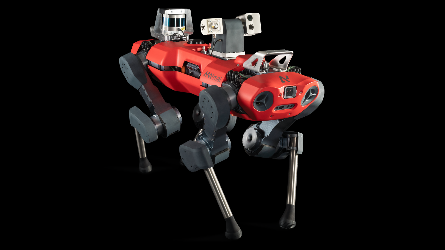 driekwart profielaanzicht van een rode robot in de vorm van een hond