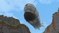 Viewed from below, an airship glides through a valley in Minecraft