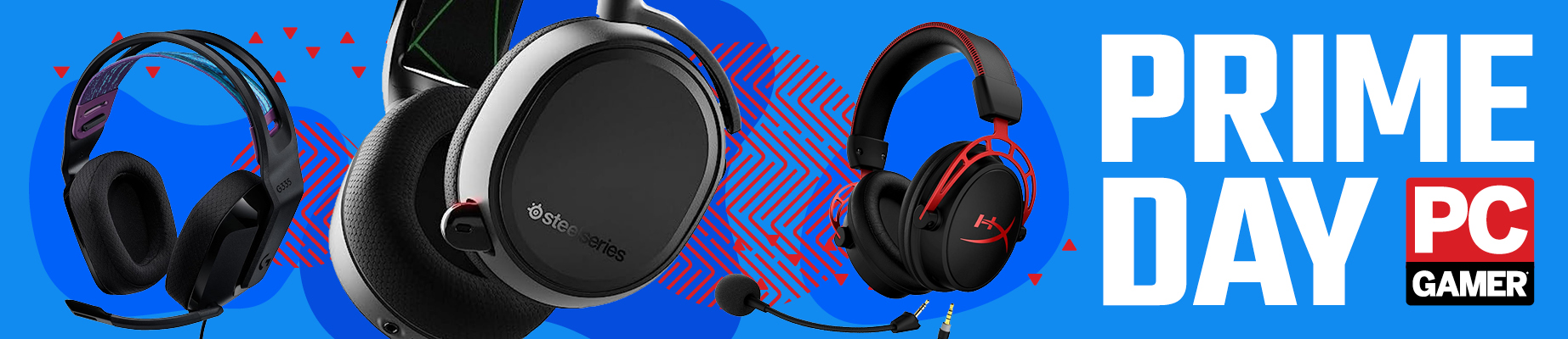 Selection of gaming headsets on a Prime Day background