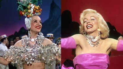 carmen miranda in that night in rio and marilyn monroe in gentlemen prefer blondes in a collage of old hollywood musicals