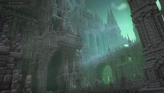 Minecraft screenshot of a Bloodborne-inspired gothic castle build with green tinged light coming through the arches