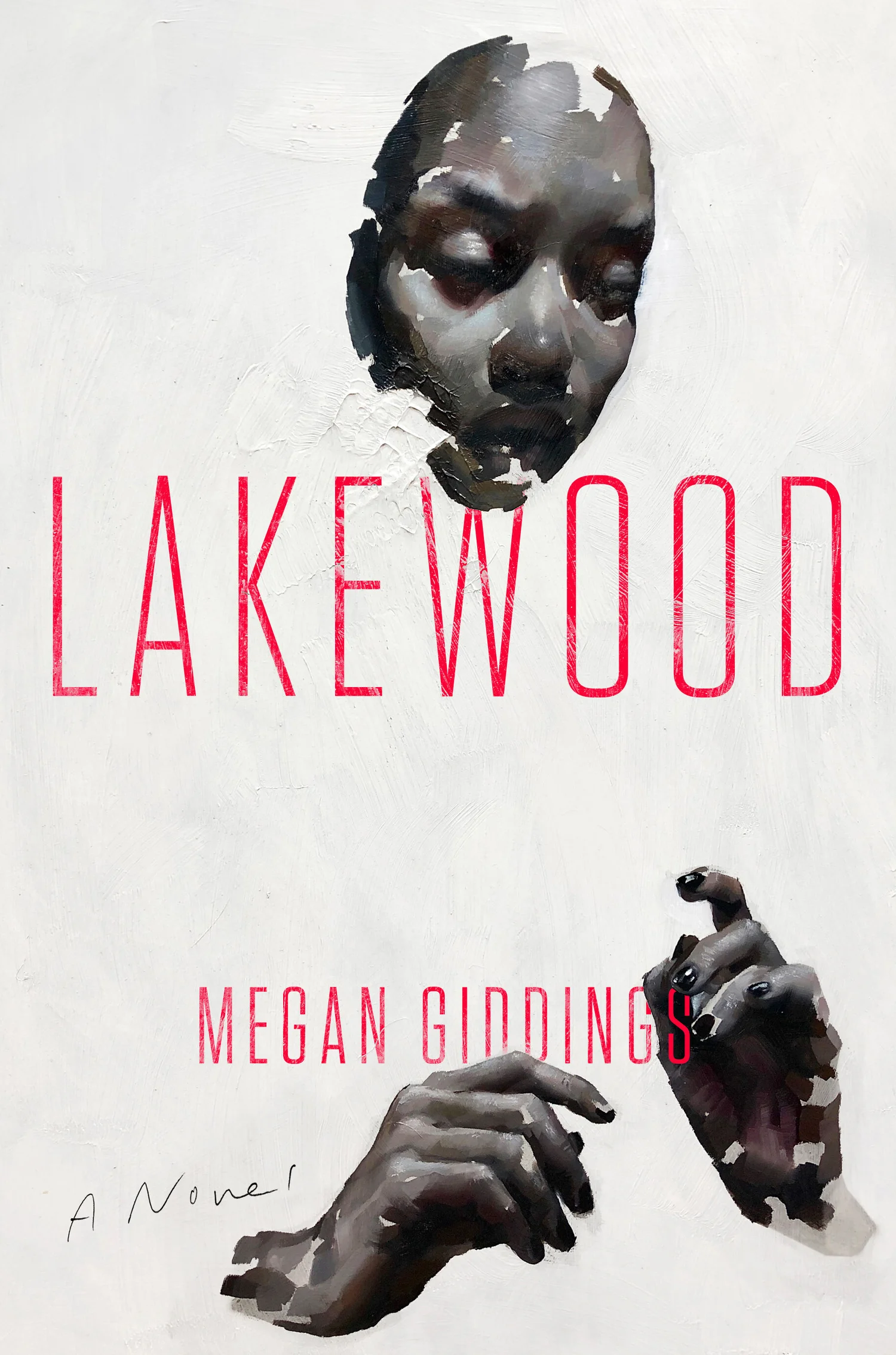 the cover of the thriller lakewood featuring a woman's face and her hands with white paint over them