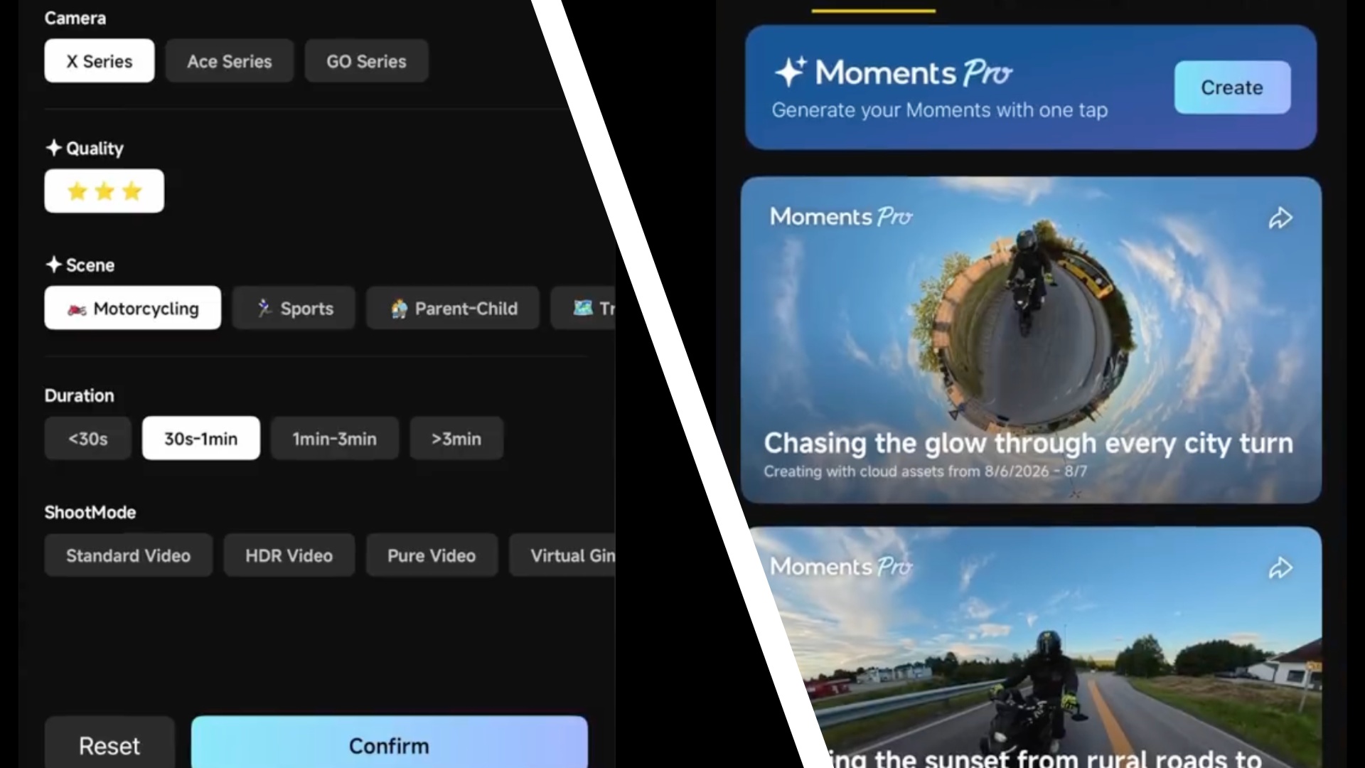 Screenshots of Insta360 Moments Pro feature