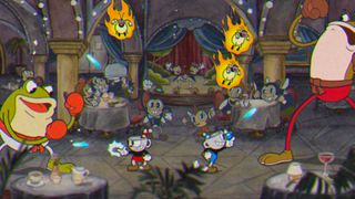 De två huvudkaraktärerna i Cuphead är mitt uppe i en strid mot två grodor med boxningshandskar.