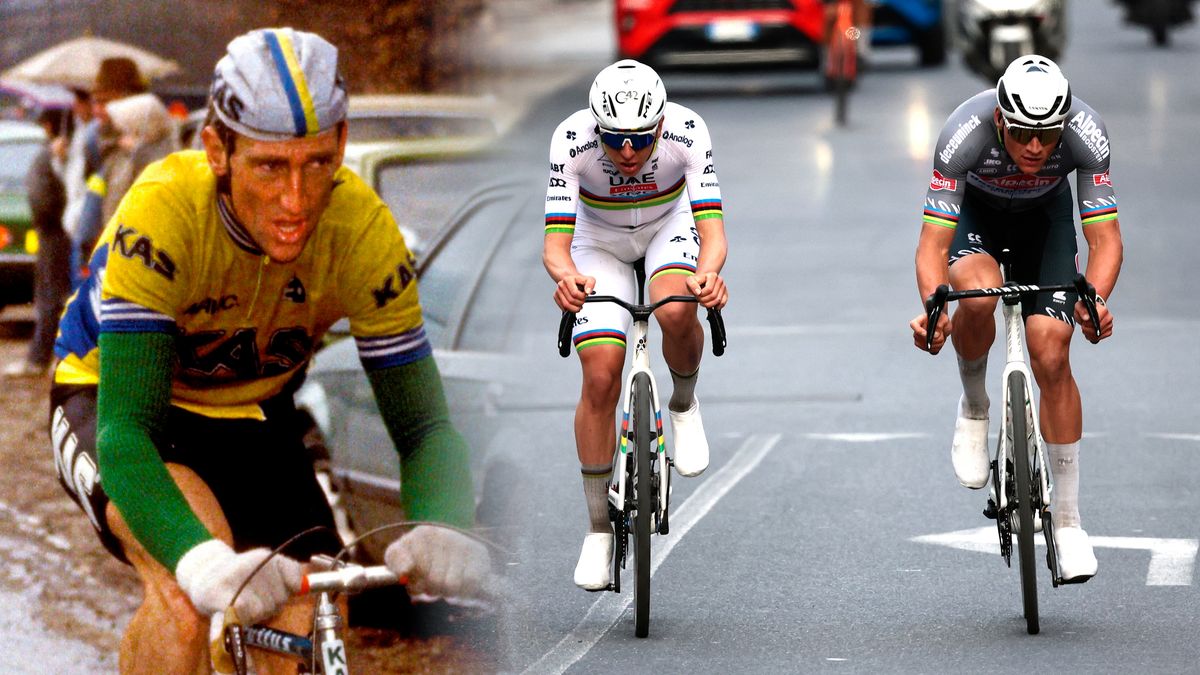 A composite image of Sean Kelly racing (left) and Tadej Pogačar and Mathieu van der Poel during Milan-San Remo (right)