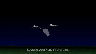 Mars will shine about a fist's width away from the asteroid Bennu on Valentine's Day 2019 (Feb. 14). Bennu is not visible to the naked eye, so telescopes are required to spot it.