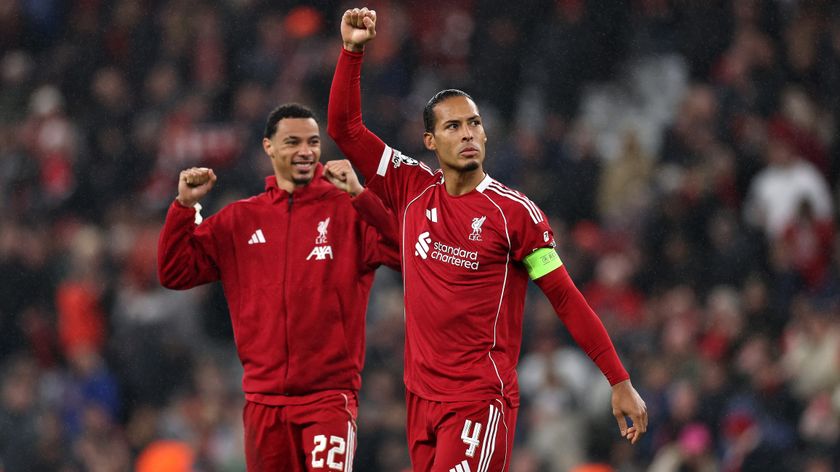 Virgil van Dijk of Liverpool celebrates after the team&#039;s victory in the UEFA Champions League 2025/26 League Phase MD4 match between Liverpool FC and Real Madrid C.F. at Anfield on November 04, 2025 in Liverpool, England. 