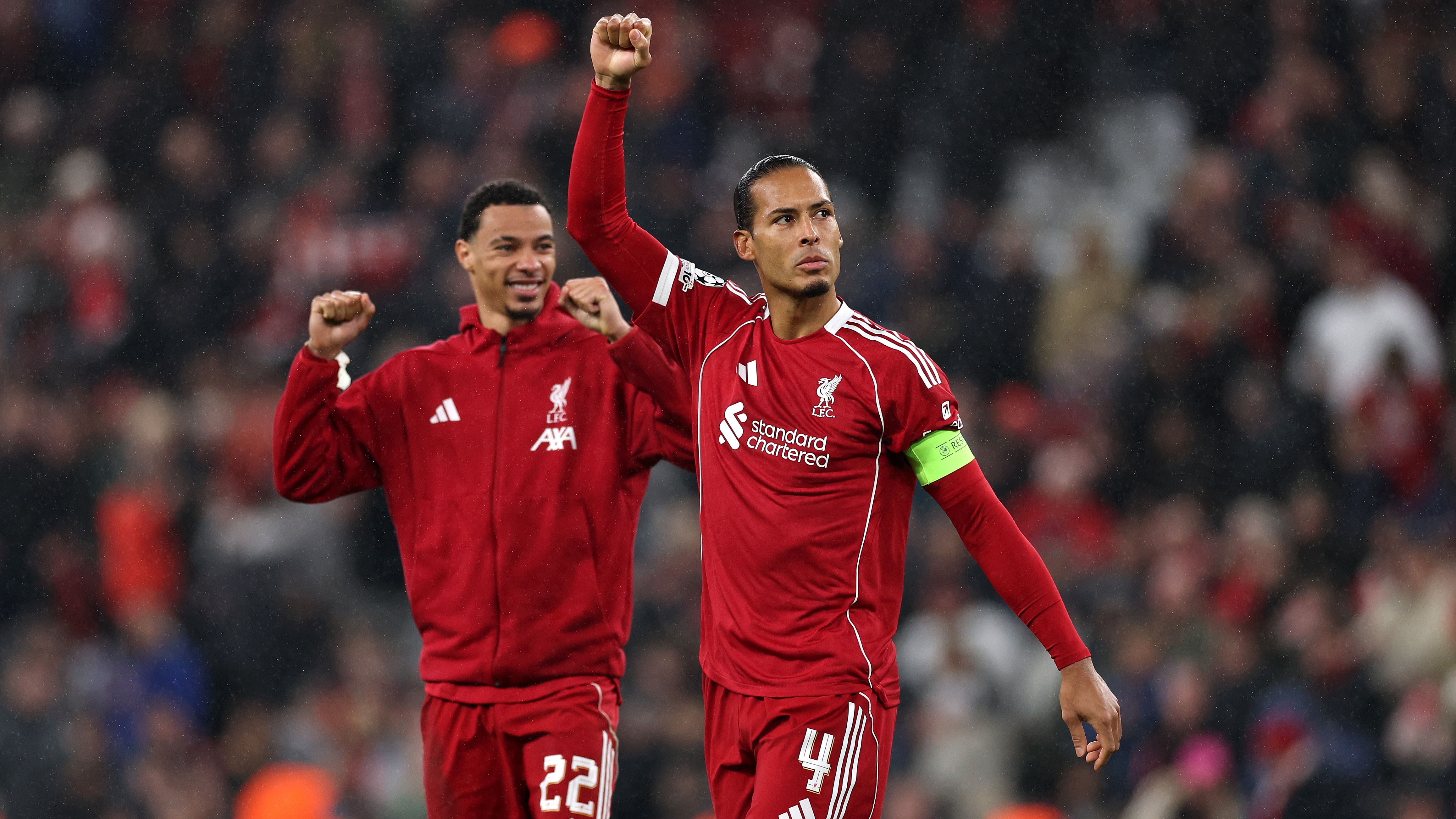 Virgil van Dijk of Liverpool celebrates after the team&#039;s victory in the UEFA Champions League 2025/26 League Phase MD4 match between Liverpool FC and Real Madrid C.F. at Anfield on November 04, 2025 in Liverpool, England. 
