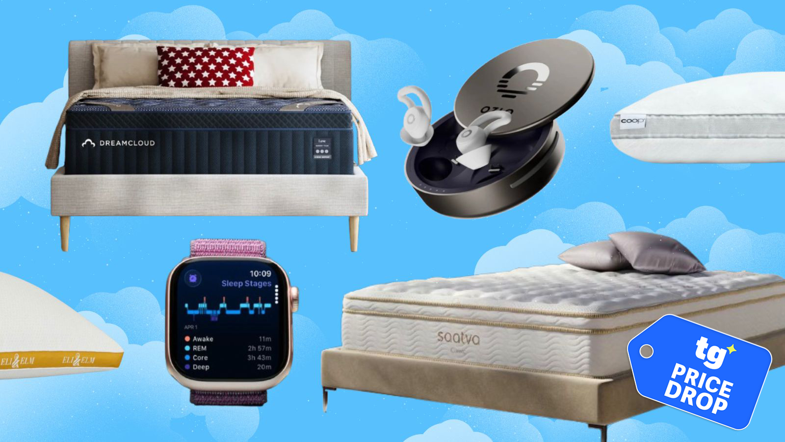 A collage of sleep products against a cloudy background. Clockwise: DreamCloud Classic, Ozlo Sleep Buds, Coop Sleep Goods Pillow, Saatva Classic, Apple Watch, Eli & Elm pillow