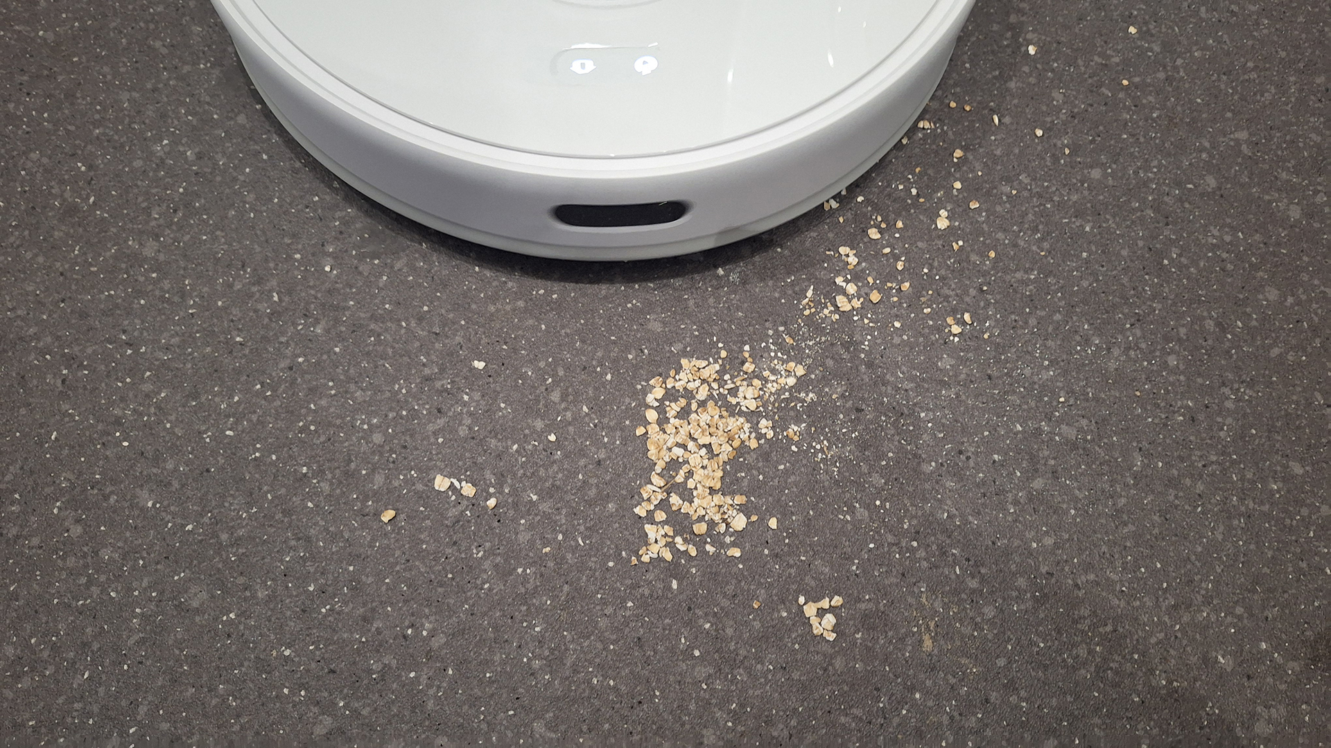 Remnants of oats on lino floor during suction test