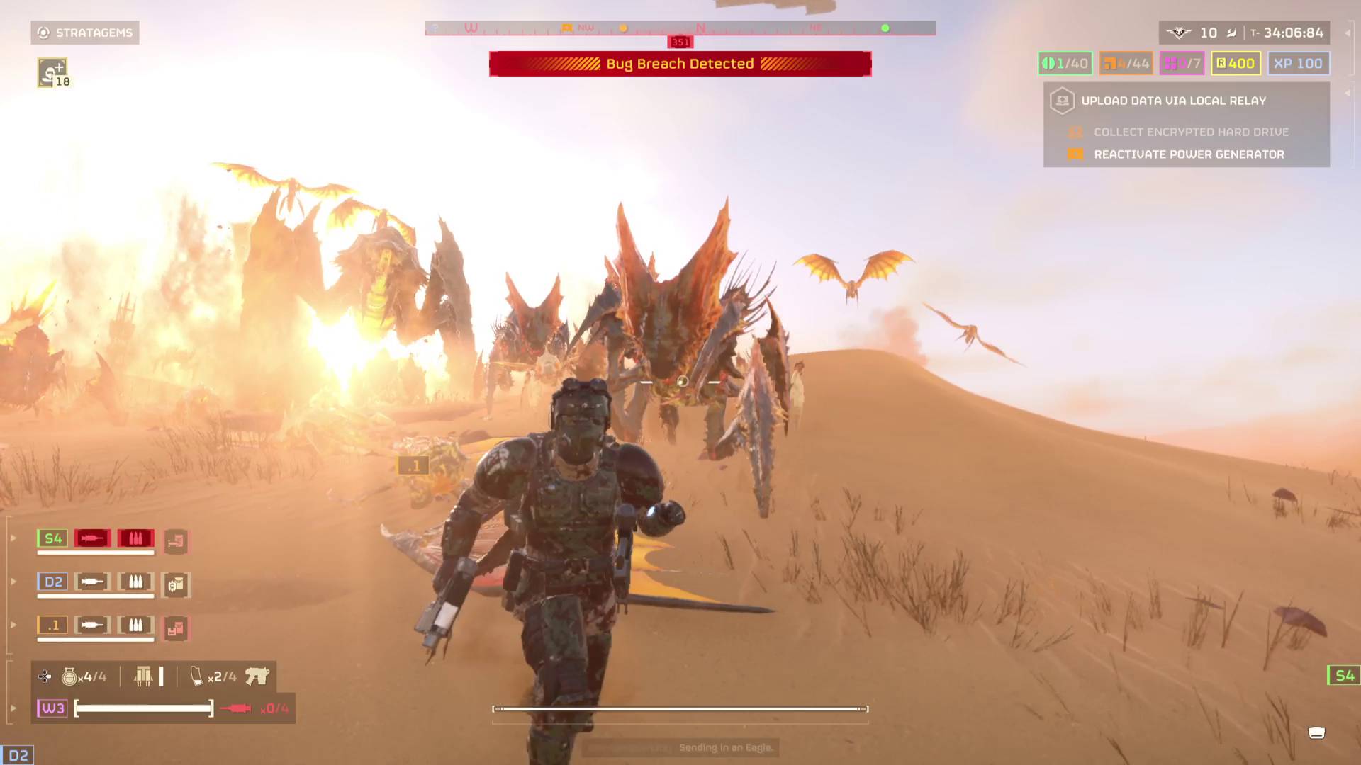 Helldivers 2 player in Warhammer 40K Kasrkin armour running away from Terminid bugs