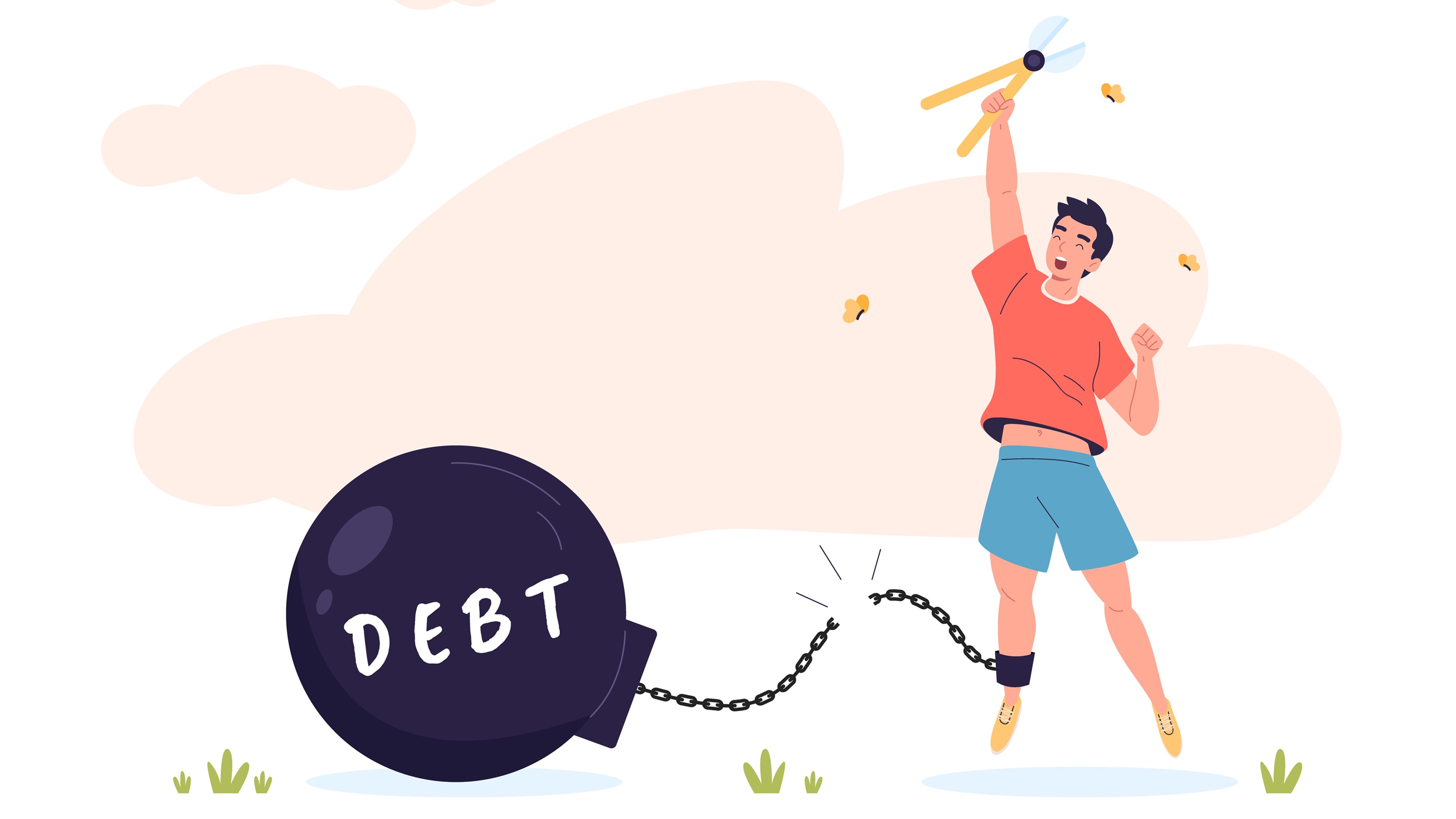An illustration of a young person cutting through the chain linking their angle to a debt weight.