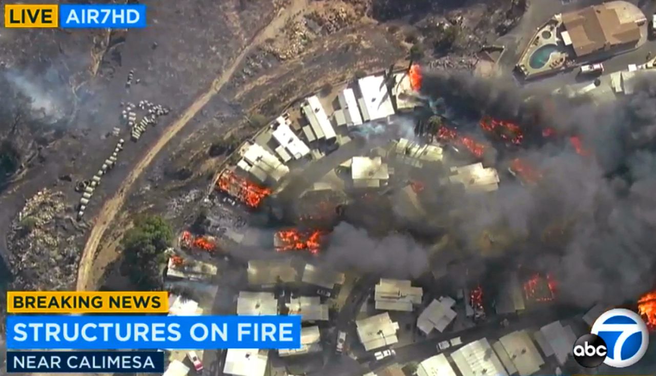 Buildings on fire at the Villa Calimesa Mobile Home Park in Calimesa, California.