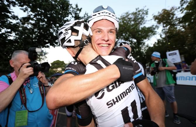 Marcel Kittel hugs his teammate after his victory